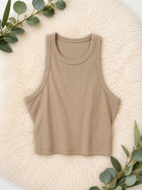 Beige Ribbed Tank Top - Women's Sleeveless Crop